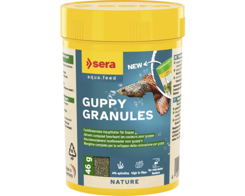 Nourriture pour poissons sera Guppy Granules 100 ml (46 g), nourriture sous forme de granulés pour guppies et espèces vivipares, nourriture végétale