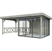 Pavillon en bois avec portes coulissantes en verre et balustrade