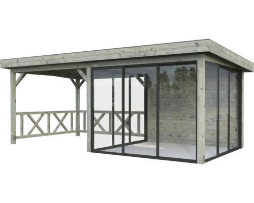 Pavillon en bois avec portes coulissantes en verre et balustrade