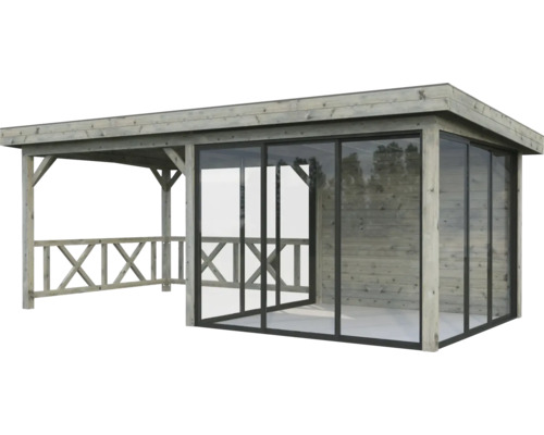 Pavillon Palmako Lenna Slide Plus 16,6 m² Set 704 588 x 300 cm imprégné par immersion gris Pavillon de jardin en bois avec portes coulissantes en verre