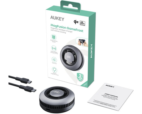 Chargeur sans fil magnétique Aukey MagFusion Gamefrost avec emballage, câble et manuel d''utilisation
