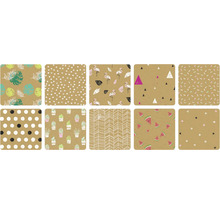 Dix feuilles à motifs différents, comprenant des feuilles, des points, des flamants roses, des triangles, des cactus, des pastèques, des cœurs et des motifs géométriques.
