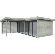 Abri de jardin en bois avec terrasse couverte et parois latérales à lamelles.