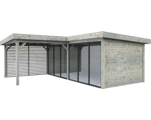 Abri de jardin en bois avec terrasse couverte et parois latérales à lamelles.