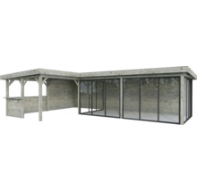 Pavillon en bois avec façade en verre et comptoir de bar