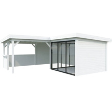 Pavillon de jardin blanc avec façade en verre et extension ouverte