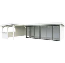 Abri de jardin avec portes coulissantes en verre et coin salon couvert