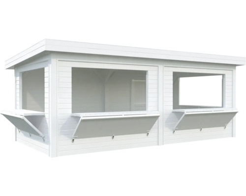 Stand de vente en bois blanc avec deux fenêtres de distribution