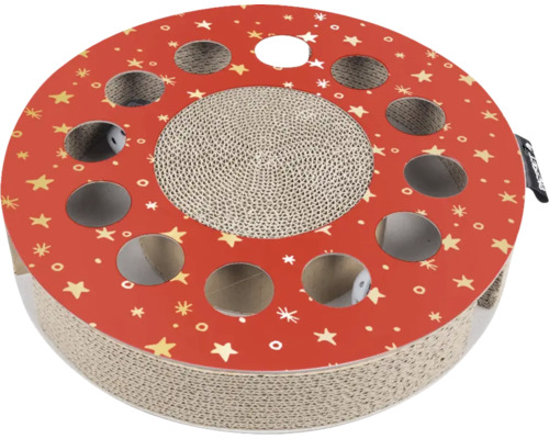 Kratzbrett District 70 WHIRL X-MAS STAR rot Ø ca. 33 cm x 6 cm PappeWeihnachtsedition mit Spielkugeln Katzenspielzeug mit Kratzbrett und Spielbällen
