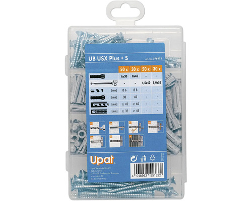 Jeu de chevilles à expansion universelles et de vis Upat dans une boîte transparente