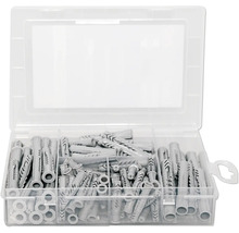 Chevilles en plastique triées dans une boîte d''assortiment transparente