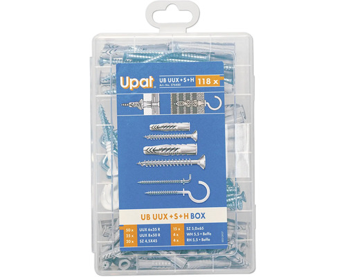 Jeu de chevilles et de vis Upat dans une boîte transparente, 118 pièces