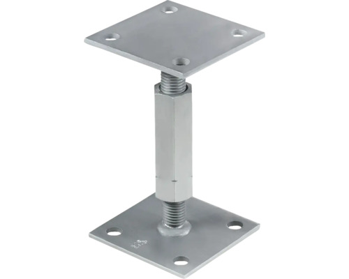Verstellbarer Pfostenträger aus Metall mit quadratischen Platten und Schraubgewinde