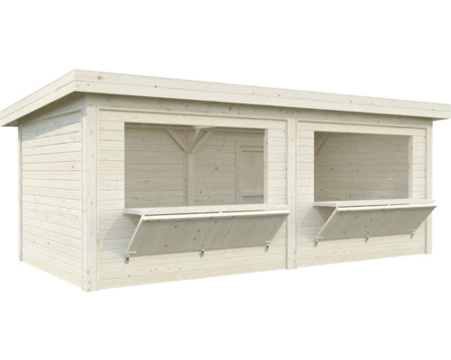Stand de vente en bois avec deux guichets de distribution