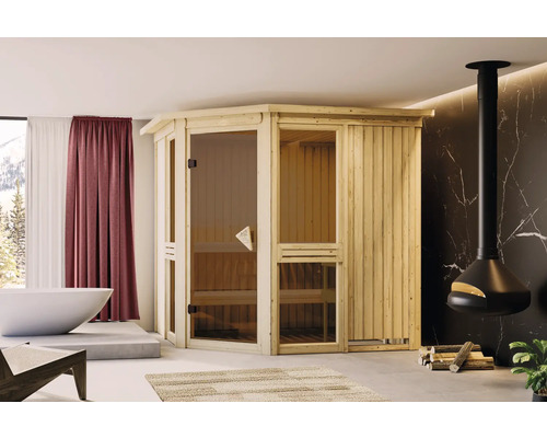 Elementsauna Karibu Omelia inkl.9 kW Ofen u.integr.Steuerung mit Dachkranz und brobzierter Ganzglastür Moderne Innensauna aus Holz mit Glastür und Fenster in einem hellen Badezimmer.