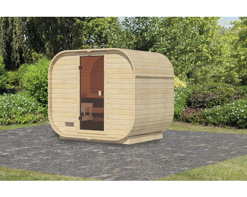 Sauna baril Karibu Quadrado 1 Plus l : 242.5 cm sans poêle avec porte entièrement vitrée coloris bronze Sauna en tonneau en bois avec porte en verre dans le jardin