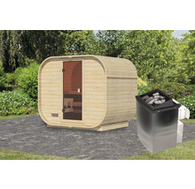 Sauna tonneau en bois avec poêle de sauna à l''extérieur