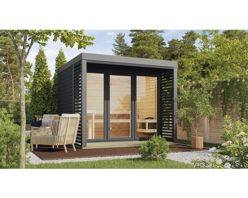 Saunahaus Karibu Sares 3 inkl. 9 kW Bio Ofen und externer Steuerung mit Ganzglastüre aus Klarglas Holz aussen anthrazit und Metallrahmen stabgrau Gartensauna mit Glasfront und seitlichen Sichtschutzelementen im Garten