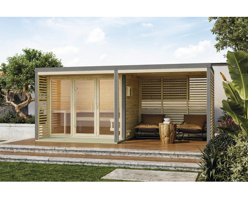 Maison de jardin en bois avec sauna et espace de détente extérieur