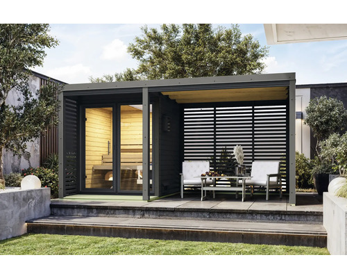 Pavillon de jardin avec sauna et coin salon sur une terrasse avec jardin
