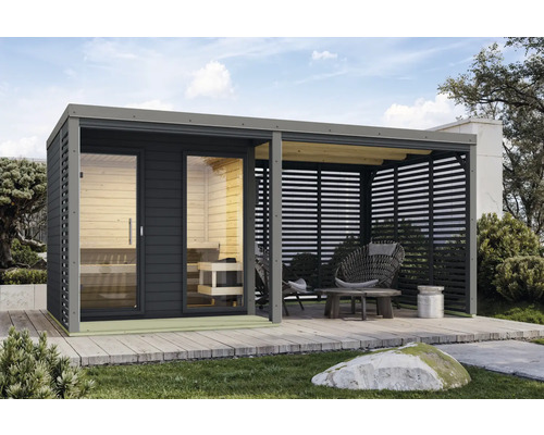 Jardin avec sauna et terrasse couverte avec mobilier