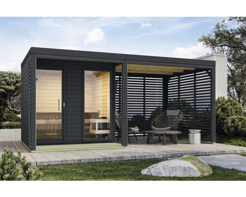 Gartenhaus mit Sauna und überdachter Terrasse auf einer Holzterrasse