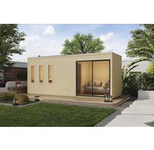 Abri de jardin moderne avec porte coulissante et fenêtres dans le jardin