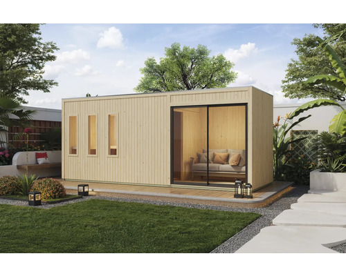 Chalet sauna extérieur Karibu Lonterey y compris poêle 9 kW et commande externe avec porte entièrement vitrée en verre transparent Abri de jardin moderne avec porte coulissante et fenêtres dans le jardin
