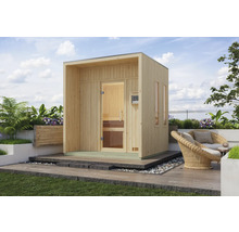 Freistehende Holzsauna im Aussenbereich mit Glastür und Steuerungselement