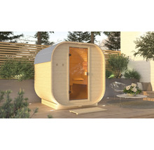 Sauna en forme de tonneau en bois avec porte en verre à l''extérieur