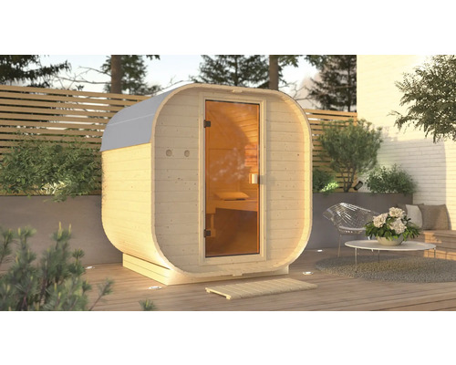 Sauna en forme de tonneau en bois avec porte en verre à l''extérieur
