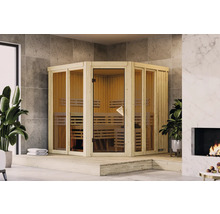 Sauna d''angle en bois avec porte en verre et bancs à l''intérieur