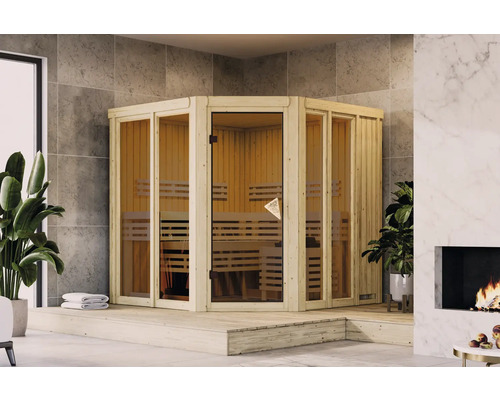 Sauna modulaire Karibu Sairi sans poêle avec porte entièrement vitrée coloris bronze Sauna d''angle en bois avec porte en verre et bancs à l''intérieur