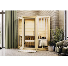 Sauna d''angle en bois avec porte en verre et éléments latéraux en verre dans une pièce