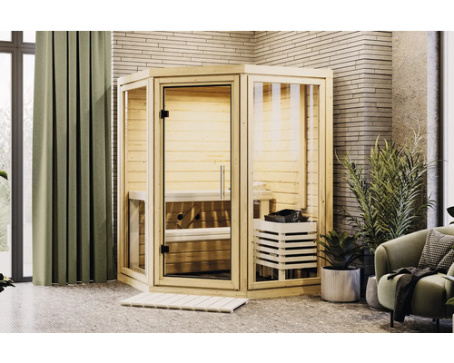 Sauna en bois massif Karibu Suma sans poêle avec porte entièrement vitrée en verre transparent Sauna d''angle en bois avec porte en verre et éléments latéraux en verre dans une pièce