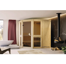 Sauna d''intérieur en bois avec porte en verre dans une salle de bain