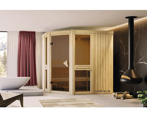 Sauna modulaire Karibu Omelia sans poêle avec porte entièrement vitrée coloris bronze Sauna d''intérieur en bois avec porte en verre dans une salle de bain