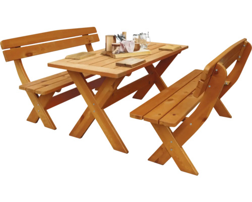 Gartentischgruppe aus Holz mit zwei Bänken