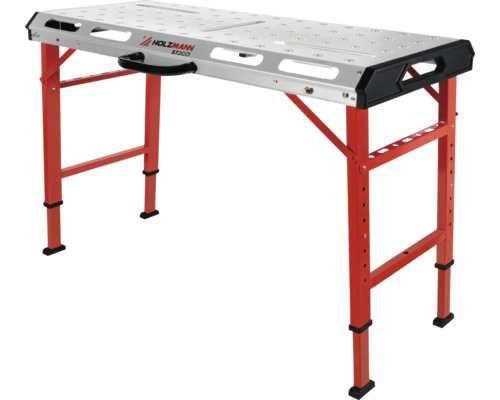 Établi avec cadre tubulaire en acier pliable et réglable en hauteur et le logo Holzmann