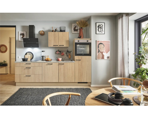 PICCANTE Plus Küchenzeile mit Geräten Casual 270 cm eiche aviva matt vormontiert Variante rechts 4067368013437 Helle Küche mit Küchenschränken, Dunstabzugshaube und Backofen