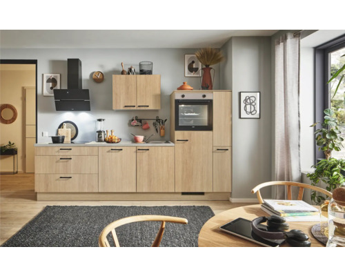 PICCANTE Plus Küchenzeile mit Geräten Casual 280 cm eiche aviva matt vormontiert Variante rechts 4067368015233 Moderne Küche mit Küchenschränken in Holzoptik, Dunstabzugshaube und Esstisch
