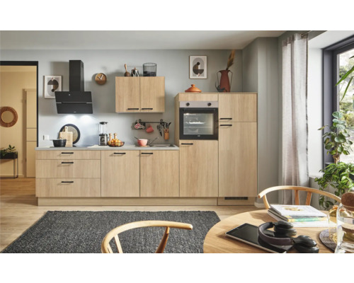 PICCANTE Plus Küchenzeile mit Geräten Casual 330 cm eiche aviva matt vormontiert Variante rechts 4067368017039 Helle Küche mit Küchenschränken, Dunstabzugshaube und Esstisch
