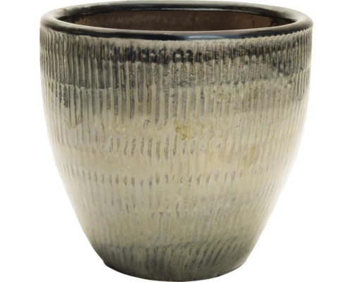 Pot de fleurs décoratif avec motif de rainures verticales.