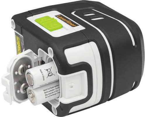 Niveau laser croix Laserliner avec compartiment à piles ouvert