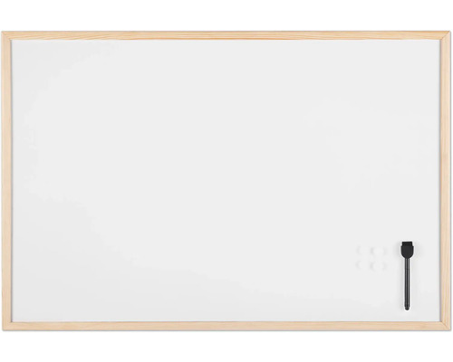 Tableau blanc avec cadre en bois, stylo et aimants