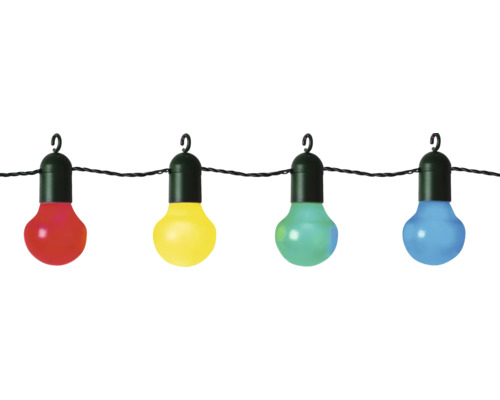 Guirlande lumineuse avec des lampes rouges, jaunes, turquoise et bleues