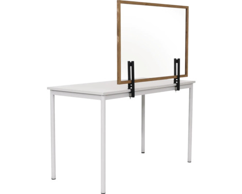Table avec écran anti-postillons monté en verre et cadre en bois