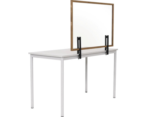 Table avec écran de séparation transparent avec cadre en bois et support