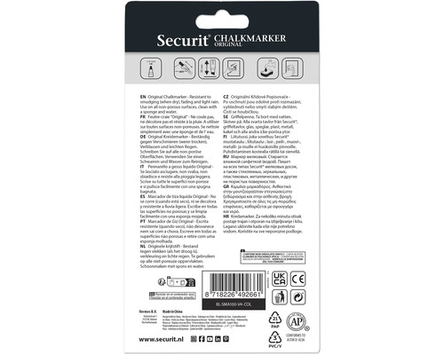 Securit Original Kreidemarker Verpackung mit Produkteigenschaften und Anwendungshinweisen