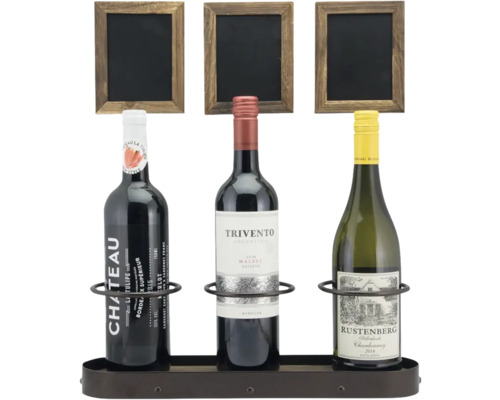 Étagère à vin avec trois bouteilles de vin et trois panneaux